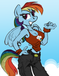 Size: 850x1100 | Tagged: safe, artist:trollie trollenberg, artist:wolfnanaki, derpibooru import, rainbow dash, anthro, pegasus, g4, breasts, cargo pants, cleavage, clothes, colored, ear piercing, earring, female, grin, jewelry, midriff, pants, piercing, smiling, smirk, solo, wasp waist