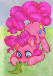 Size: 1638x2340 | Tagged: safe, artist:valeriakudlaeva, derpibooru import, gummy, pinkie pie, alligator, earth pony, pony, g4, cute, diapinkes, duo, duo male and female, female, looking at each other, looking at someone, male, smiling, traditional art