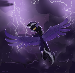 Size: 4208x4113 | Tagged: safe, artist:laymy, derpibooru import, oc, oc only, oc:violett spectrum, pegasus, pony, absurd resolution, clothes, costume, lightning, male, rain, shadowbolts costume, solo, spread wings, wings