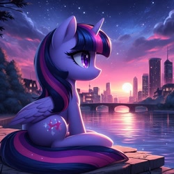 Size: 1024x1024 | Tagged: safe, ai content, derpibooru import, generator:bing image creator, generator:dall-e 3, machine learning generated, twilight sparkle, twilight sparkle (alicorn), alicorn, g4, bridge, building, city, cloud, evening, female, horn, mare, prompter:equestria pony fans, river, shiny, sitting, sky, skyscraper, smiling, solo, stars, sun, sunset, tree, water, wings, wrong cutie mark