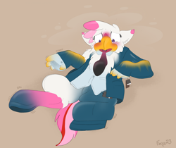 Size: 2096x1758 | Tagged: safe, artist:foxxy-arts, derpibooru import, oc, oc only, oc:foxxy hooves, hippogriff, blushing, brown background, clothes, clothing transformation, female, formal wear, hippogriff oc, inanimate tf, mid-transformation, necktie, open mouth, price tag, shirt, simple background, solo, suit, transformation