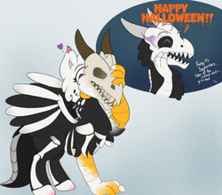 Size: 1280x1126 | Tagged: safe, artist:foxxy-arts, derpibooru import, oc, oc only, oc:foxxy hooves, dragon, hippogriff, bone, eyes closed, female, halloween, heart, hippogriff oc, hippogriff to dragon, holiday, open mouth, skeleton, skull, solo, species swap, transformation, transformation sequence