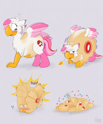 Size: 1061x1280 | Tagged: safe, artist:foxxy-arts, derpibooru import, oc, oc only, oc:foxxy hooves, hippogriff, blushing, cheese, cheese wheel, exclamation point, female, food, food transformation, heart, hippogriff oc, inanimate tf, open mouth, sign, solo, splitting, transformation, transformation sequence