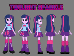 Size: 1280x974 | Tagged: safe, artist:qbert2kcat, derpibooru import, twilight sparkle, human, equestria girls, g4, boots, clothes, female, gray background, high heel boots, shirt, shoes, simple background, skirt, solo
