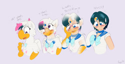 Size: 1280x658 | Tagged: safe, derpibooru import, oc, oc:foxxy hooves, hippogriff, human, blushing, bowtie, eye clipping through hair, female, heart, hippogriff oc, hippogriff to human, japanese, open mouth, sailor mercury, sailor moon (series), speech change, transformation, transformation sequence