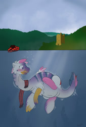 Size: 869x1280 | Tagged: safe, artist:foxxy-arts, derpibooru import, oc, oc only, oc:foxxy hooves, dinosaur, hippogriff, blushing, bubble, clothes, dinosaurified, female, hat, hippogriff oc, loch ness monster, mid-transformation, open mouth, plesiosaur, scarf, scotland, solo, species swap, transformation, underwater, water