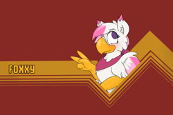 Size: 1280x855 | Tagged: safe, artist:foxxy-arts, derpibooru import, oc, oc only, oc:foxxy hooves, hippogriff, aesthetics, bandana, blushing, famicom, female, hippogriff oc, open mouth, open smile, red background, simple background, smiling, solo