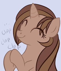 Size: 484x566 | Tagged: safe, artist:clovercoin, derpibooru import, oc, oc only, oc:mocha delight, pony, unicorn, ^^, bust, clapping, clapping ponies, eyes closed, female, horn, mare, simple background, solo