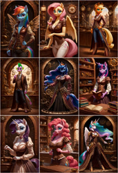 Size: 3328x4864 | Tagged: safe, ai content, derpibooru import, generator:stable diffusion, machine learning generated, part of a set, applejack, fluttershy, pinkie pie, princess celestia, princess luna, rainbow dash, rarity, spike, twilight sparkle, alicorn, anthro, dragon, unguligrade anthro, g4, absurd resolution, bust, jewelry, mane six, portrait, portrait of a princess, preview, prompter:lunarusnexus, regalia, steampunk