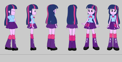 Size: 3983x2039 | Tagged: safe, artist:qbert2kcat, derpibooru import, twilight sparkle, human, equestria girls, g4, arms, blouse, boots, bowtie, breasts, bust, clothes, crossed arms, facing right, female, fingers, front view, gray background, hand, happy, high heel boots, legs, long hair, opem smile, puffy sleeves, rear view, shirt, simple background, skirt, smiling, socks, solo, spread arms, standing, teenager, teeth