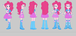 Size: 4170x2009 | Tagged: safe, artist:qbert2kcat, derpibooru import, pinkie pie, human, equestria girls, g4, arms, arms in the air, boots, bow, bracelet, breasts, bust, clothes, facing at you, facing right, female, fingers, front view, gray background, grin, hand, hands in the air, happy, high heel boots, jewelry, legs, long hair, open mouth, open smile, raised leg, rear view, shirt, short sleeves, simple background, skirt, smiling, solo, spread arms, standing, standing on one leg, teenager, teeth, vest