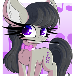 Size: 1982x2000 | Tagged: safe, artist:windykirin, derpibooru import, octavia melody, earth pony, big ears, big eyelashes, bow (instrument), cute, ears, female, long eyelashes, mouth hold, simple background, solo, violin bow