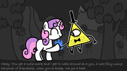 Size: 1280x720 | Tagged: safe, artist:snowflakepone, derpibooru import, sweetie belle, bill cipher, blue fire, cute, female, filly, fire, foal, gravity falls, gray, gray background, hoofshake, simple background, text