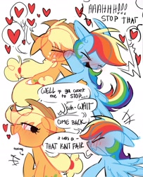Size: 1355x1670 | Tagged: safe, artist:appledash3r_, derpibooru import, applejack, rainbow dash, earth pony, pegasus, pony, g4, 2 panel comic, ><, appledash, applejack's hat, blonde, blonde mane, blonde tail, blue coat, blue tongue, blushing, blushing profusely, clothes, colored, colored sketch, colored tongue, comic, cowboy hat, dialogue, duo, duo female, ears, emanata, eye clipping through hair, eyelashes, eyes closed, female, flat colors, flirting, floating heart, floppy ears, freckles, hat, heart, lesbian, lidded eyes, looking at each other, looking at someone, mare, multicolored hair, multicolored mane, multicolored tail, open mouth, open smile, orange coat, ponytail, rainbow hair, rainbow tail, screaming, shipping, simple background, sketch, smiling, smiling at each other, speech bubble, spread wings, tail, talking, teasing, text, tied mane, tied tail, tongue, tongue out, tsunderainbow, tsundere, wavy mouth, white background, wings, wings down
