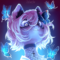 Size: 3000x3000 | Tagged: safe, artist:unt3n, derpibooru import, oc, oc only, butterfly, pony, blue eyes, bust, collar, ear piercing, earring, jewelry, piercing, portrait, solo