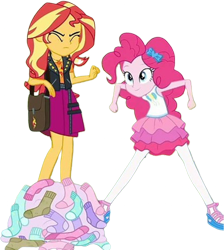 Size: 2262x2520 | Tagged: safe, derpibooru import, edit, edited screencap, editor:homersimpson1983, screencap, pinkie pie, sunset shimmer, human, equestria girls, g4, sock it to me, background removed, bag, clothes, duo, duo female, female, my little pony equestria girls: choose your own ending, not a vector, socks