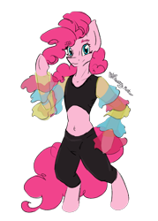 Size: 1394x1949 | Tagged: safe, artist:destiny_manticor, derpibooru import, pinkie pie, earth pony, pony, semi-anthro, g4, belly, clothes, fluffy hair, looking at you, simple background, smiling, solo, transparent background