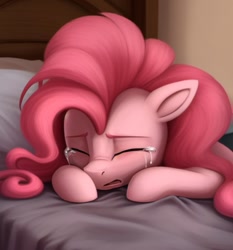 Size: 545x586 | Tagged: safe, ai content, derpibooru import, machine learning generated, pinkie pie, earth pony, pony, g4, bed, crying, depressed, eyes closed, female, generator:yiffymix v36, mare, on bed, prompter:morishy1000, sad, solo