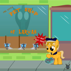 Size: 1418x1418 | Tagged: safe, artist:wheatley r.h., derpibooru exclusive, derpibooru import, queen chrysalis, oc, oc:captain price, oc:red widow, changeling, changeling larva, pegasus, siren, comic:the little pet shop of larvas, baby, baby siren, comic, female, filly, foal, hat, implied chrysalis, pegasus oc, pet shop, silhouette, siren oc, vector, watermark