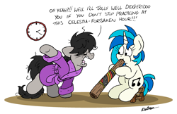 Size: 2529x1635 | Tagged: safe, artist:bobthedalek, derpibooru import, dj pon-3, octavia melody, vinyl scratch, earth pony, pony, unicorn, bathrobe, bed mane, clock, clothes, didgeridoo, horn, messy mane, musical instrument, octavia is not amused, robe, unamused