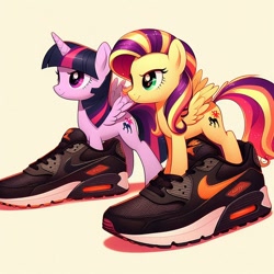 Size: 1024x1024 | Tagged: safe, ai content, artist:tom artista, derpibooru import, machine learning generated, sunset shimmer, twilight sparkle, twilight sparkle (alicorn), alicorn, pegasus, pony, g4, artificial intelligence, background, colored, drip, female, nike, princess, prompter:tom artista, shoes, simple, simple background, sneakers