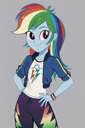 Size: 512x768 | Tagged: safe, ai content, derpibooru import, machine learning generated, rainbow dash, human, equestria girls, g4, clothes, female, gray background, hand on hip, hoodie, pants, prompter:bigfanbud123, shirt, simple background, smiling, t-shirt, tomboy, wristband