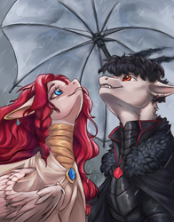 Size: 1044x1331 | Tagged: safe, artist:kirby_orange, derpibooru import, pegasus, pony, armor, black hair, bondage, cape, clothes, duo, duo male and female, ear piercing, earring, female, jewelry, male, mare, piercing, rain, short hair, smiling, umbrella, wavy hair, wings