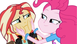 Size: 4396x2520 | Tagged: safe, derpibooru import, edit, edited screencap, editor:homersimpson1983, screencap, pinkie pie, sunset shimmer, human, equestria girls, g4, background removed, duo, duo female, female, not a vector, puffy cheeks, squishy cheeks