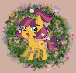 Size: 2193x2100 | Tagged: safe, artist:elmer157typhlosion, earth pony, pony, g4, bandaid, female, flower, flower in hair, head turn, heart, leaf, looking at you, maggie joy, mare, open mouth, open smile, side view, smiling, smiling at you, solo