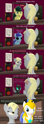 Size: 1920x5400 | Tagged: safe, artist:red4567, derpibooru import, carrot top, derpy hooves, golden harvest, minuette, changeling, 3d, comic, derpy hooves is not amused, disguise, disguised changeling, fail, oops, royal guard, source filmmaker, that's not my neighbor, unamused, wrong eye color, wrong mane color