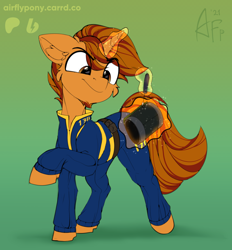 Size: 1486x1600 | Tagged: safe, artist:airfly-pony, derpibooru import, oc, oc only, pony, unicorn, fallout equestria, 2021, clothes, gradient background, horn, jumpsuit, looking at something, magic, magic aura, male, orange coat, patreon, patreon reward, pipboy, pipbuck, screwdriver, solo, vault, vault suit