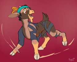Size: 2304x1851 | Tagged: safe, artist:pixiemiata, derpibooru import, shanty goat, goat, human, them's fightin' herds, bandana, clothes, cloven hooves, community related, explicit source, female, gradient background, human to goat, open mouth, open smile, pants, ripped, ripped pants, ripped shirt, shirt, smiling, solo, torn clothes, transformation