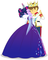 Size: 2803x3462 | Tagged: safe, artist:sapphiregamgee, derpibooru import, twilight sparkle, oc, equestria girls, g4, canon x oc, clothes, crown, dancing, dress, duo, duo male and female, female, french kiss, gown, jewelry, kiss on the lips, kissing, male, prince, princess, princess dress, regalia, romantic, simple background, solo, straight, tiara, transparent background