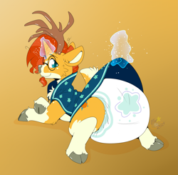 Size: 1937x1902 | Tagged: safe, artist:maynara, derpibooru import, sunburst, deer, deer pony, hybrid, original species, unicorn, butt, cape, cheek fluff, chest fluff, clothes, cloven hooves, deerified, diaper, diaper fetish, fetish, glasses, glowing, glowing horn, gradient background, hand, horn, looking at you, looking back, looking back at you, lying down, magic, magic hands, male, plot, poofy diaper, prone, solo, species swap, sunburst in diaper, telekinesis