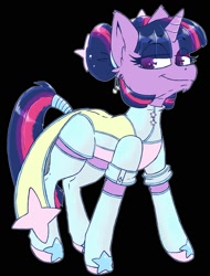 Size: 1520x2000 | Tagged: safe, artist:crowbar19, derpibooru import, twilight sparkle, unicorn twilight, pony, unicorn, g4, black background, clothes, dress, female, hair bun, mare, maydendressup, simple background, smiling, solo, tail, tail wrap