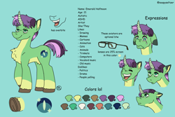 Size: 3600x2400 | Tagged: safe, artist:socialgutbrain777, derpibooru import, oc, oc only, oc:emerald halfmoon, pony, unicorn, adhd, amogus eyes, among us, autism, chest fluff, crying, eyebrows, eyebrows visible through hair, female, glasses, green fur, high res, horn, looking up, meme, open mouth, ponysona, purple hair, reference sheet, sad, silly face, simple background, smiling, solo, teal eyes, turquoise background, unshorn fetlocks