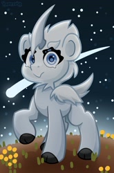 Size: 2544x3850 | Tagged: safe, artist:partypievt, derpibooru import, pony, unicorn, beak, eyebrows, flower, fluffy, hooves, horn, looking at you, ponified, rimworld, sharp horn, shooting star, solo, space, species swap, stars, thrumbo, unshorn fetlocks