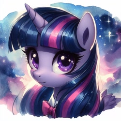 Size: 1024x1024 | Tagged: safe, ai content, derpibooru import, generator:dall-e 3, machine learning generated, twilight sparkle, twilight sparkle (alicorn), alicorn, g4, bowtie, cute, female, looking at you, mare, solo, stars, traditional art, twiabetes, watercolor painting