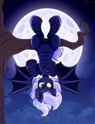 Size: 2135x2800 | Tagged: safe, artist:madelinne, derpibooru import, oc, oc only, oc:nightcore, bat pony, bat pony oc, bat wings, cloud, jewelry, moon, night, solo, spread wings, stars, tree, tree branch, unshorn fetlocks, upside down, wings