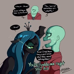 Size: 3000x3000 | Tagged: safe, artist:inuyuru, derpibooru import, queen chrysalis, oc, oc:anon, changeling, changeling queen, human, dialogue, duo, duo male and female, female, glowing, glowing eyes, gray background, high res, male, open mouth, simple background, speech bubble, sweat, wavy mouth, yandere