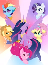 Size: 3043x4096 | Tagged: safe, artist:emyart18, derpibooru import, applejack, fluttershy, pinkie pie, princess twilight 2.0, rainbow dash, rarity, twilight sparkle, twilight sparkle (alicorn), alicorn, earth pony, pegasus, pony, unicorn, g4, crown, cute, eyes closed, female, glasses, hoof shoes, horn, jewelry, looking at you, mane six, older, older applejack, older fluttershy, older mane six, older pinkie pie, older rainbow dash, older rarity, older twilight, older twilight sparkle (alicorn), one eye closed, peytral, regalia, smiling, smiling at you, spread wings, wings