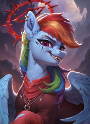 Size: 1024x1408 | Tagged: safe, ai content, derpibooru import, generator:pony diffusion v6 xl, generator:stable diffusion, machine learning generated, rainbow dash, pegasus, pony, g4, bust, clothes, devil, fangs, female, grin, halo, hell, mare, piercing, portrait, prompter:star-dragon, smiling, solo, tattoo, teeth, wings