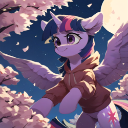 Size: 2048x2048 | Tagged: safe, ai content, derpibooru import, generator:pony diffusion v6 xl, generator:stable diffusion, machine learning generated, twilight sparkle, twilight sparkle (alicorn), alicorn, pony, g4, artificial intelligence, cherry blossoms, clothes, ear fluff, ears, flower, flower blossom, hoodie, horn, moon, night, prompter:liladash, solo, spread wings, wings