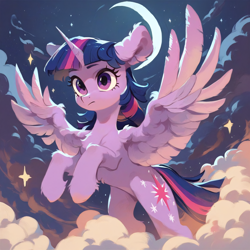 Size: 2048x2048 | Tagged: safe, ai content, derpibooru import, generator:pony diffusion v6 xl, generator:stable diffusion, machine learning generated, twilight sparkle, twilight sparkle (alicorn), alicorn, g4, artificial intelligence, cloud, crescent moon, ear fluff, ears, horn, moon, night, on a cloud, prompter:liladash, rearing, solo, spread wings, standing on a cloud, stars, wing fluff, wings