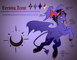 Size: 2100x1650 | Tagged: safe, artist:slimeprints, derpibooru import, oc, oc only, oc:evening scour, demon, demon pony, pony, arrow, cloven hooves, female, forked tongue, gradient background, mare, reference sheet, solo, spaded tail, spread wings, tail, text, tongue, tongue out, wing ears, wings