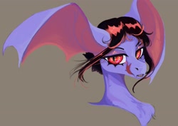 Size: 4096x2892 | Tagged: safe, artist:slimeprints, derpibooru import, oc, oc only, oc:evening scour, demon, demon pony, pony, bat wings, bust, fangs, female, forked tongue, gray background, licking, licking lips, mare, redesign, simple background, solo, tongue, tongue out, wing ears, wings