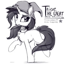 Size: 1036x1006 | Tagged: safe, artist:aureai-sketches, derpibooru import, trixie, pony, unicorn, g4, black and white, bow, chest fluff, choker, ear fluff, ears, female, fetlock tuft, grayscale, hat, horn, mare, monochrome, mouth hold, simple background, sketch, solo, tail, tail bow, wand, white background, witch hat