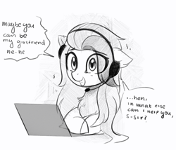 Size: 742x634 | Tagged: safe, artist:aureai-sketches, derpibooru import, oc, oc only, oc:aureai, pegasus, pony, black and white, chest fluff, computer, dialogue, female, grayscale, headphones, headset, laptop computer, mare, microphone, monochrome, sketch, speech bubble