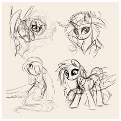 Size: 2332x2332 | Tagged: safe, artist:aureai-sketches, derpibooru import, pegasus, pony, unicorn, female, horn, mare, monochrome, sketch