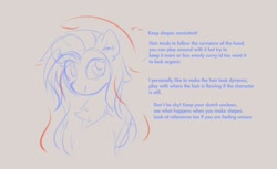 Size: 2274x1389 | Tagged: safe, artist:aureai-sketches, derpibooru import, oc, oc only, oc:aureai, pegasus, pony, chest fluff, colored sketch, ear fluff, ears, female, gray background, mare, simple background, sketch, solo, text, tutorial
